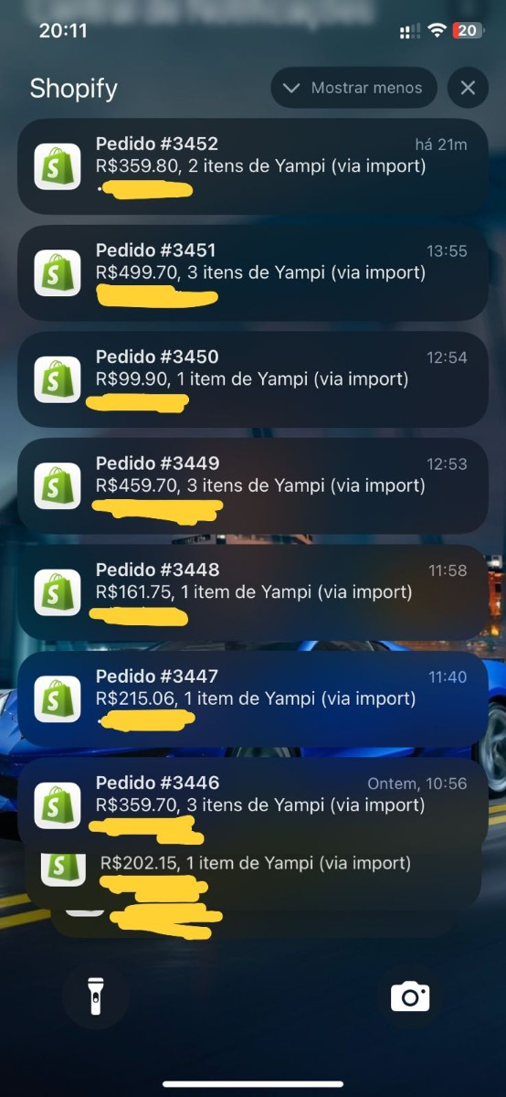 Notificações de pedidos Shopify em tempo real